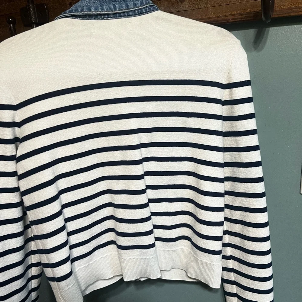 NWOT LOFT Blue and White Denim-Trim Cardigan - Picture 6 of 13